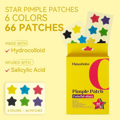 Star Pimple Patches for Face - 6 Colors 66Pcs (14mm) Hydrocolloid Spot Dots, Day & Night Blemish/Zit Healing Pimple Patches
